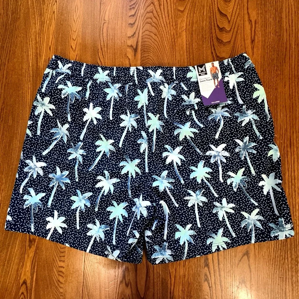NWT Member's Mark Blue Palm Tree Lined UPF 50 Stretch Resort Swim Trunk Mens XXL